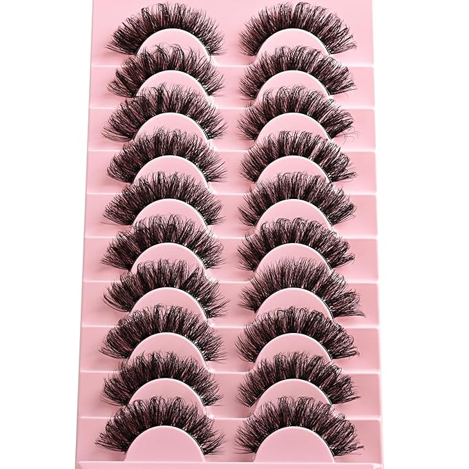 Lashes False Wispy Eyelashes Natural Cat Eye Lash Strips 10 Pairs Fake Mink Eyelash Pack Natural Look Fluffy Strip Lashes Set Clear Band Easy Eyelashes for Beginners with Cluster Looking
