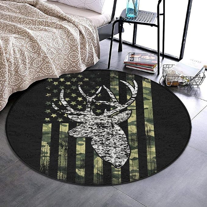 Large Home Decor Mat, Soft Round Yoga Carpet, Non-Slip Machine Washable Kitchen Office Circle Rug Compatible with Deer Camo Camouflage American Flag Hunting Black