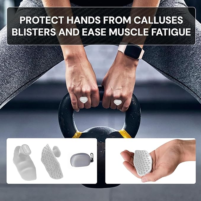 Ergonomic-Gym-Grips-for-Men-&-Women - Soft Silicone Weight Lifting Grips for Dumbbells, Barbells, Pull-Ups, Deadlifts - Fingerless, Sweat-Resistant, Includes Portable Case