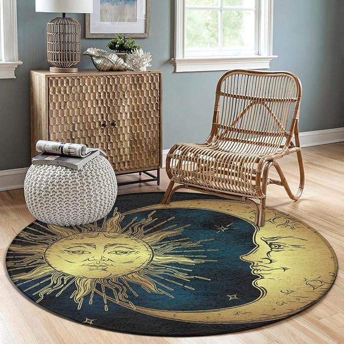 Large Home Decor Mat, Soft Round Yoga Carpet, Non-Slip Machine Washable Home Office Circle Rug Compatible with Boho Gold Sun Crescent Moon Star