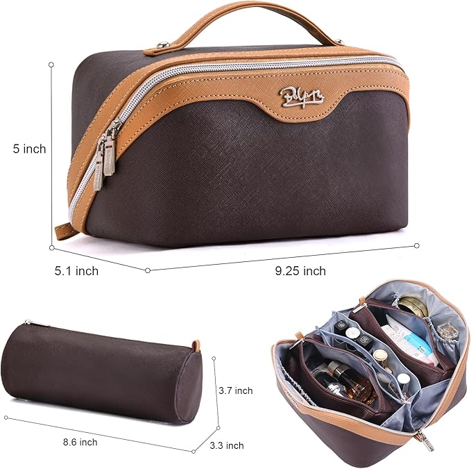BOYATU Travel Makeup Bag Organizer Cosmetic Bag: 3 Pcs Set Make up Bags for Women with Handle - Waterproof Vegan Leather Toiletry Bags Travel Essentials Pouch with Compartments (G-01-Brown)