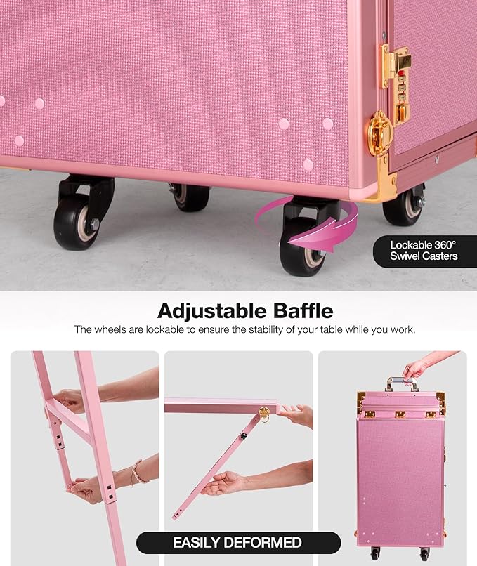 Icoget Portable Nail Table, Rolling Manicure Table w/3 Color Light and Speaker, Portable Nail Tech Desk, Foldable Nail Travel Case for Nail Tech w/Wheel, Colorful Pink