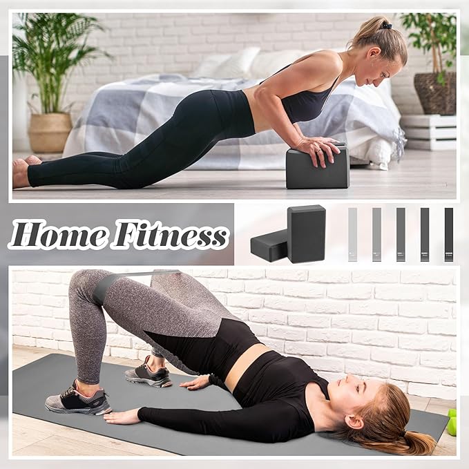 10 Pcs Yoga Starter Kit Include Yoga Mat with Carry Strap, 2 Yoga Blocks, Yoga Strap, Yoga Pilates Ball, 5 Resistance Bands with Air Pump Yoga Mat Set and Kit for Beginners Women and Men
