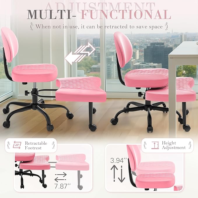 Furmax Ergonomic Criss Cross Legged Office Chair with Wheels, 360°Swivel Adjustable Height Kneeling Desk Chair with Footrest for ADHD, Yoga, Meditation, Home Office (Leather, Pink)