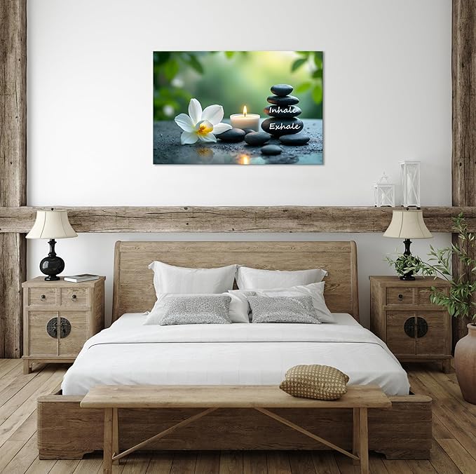 YIOZHAOFH Louts Wall Art Yoga Room Painting Zen Office Decor Women Spa Picture Calming Relax Canvas Prints Inhale Exhale Artwork Framed for Living Room Ready to Hang (24L x 36W)