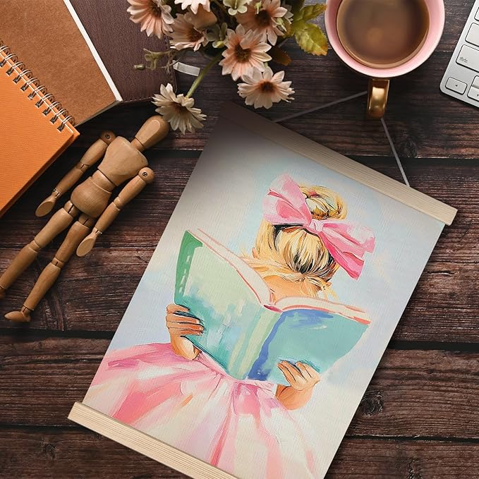 Little Girl Reading Book Wall Art, Girls Room Decor, Preppy Room Decor, Gift for Book Lovers, Book Reading Canvas Wall Art Poster Hanger Frame for Reading Room Corner Classroom Decor, 12x16 Inch