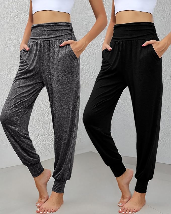 2 Pack Women's Yoga Joggers, Cozy Sweatpants with Pockets Casual Loose Comfy High Waisted Lounge Pants