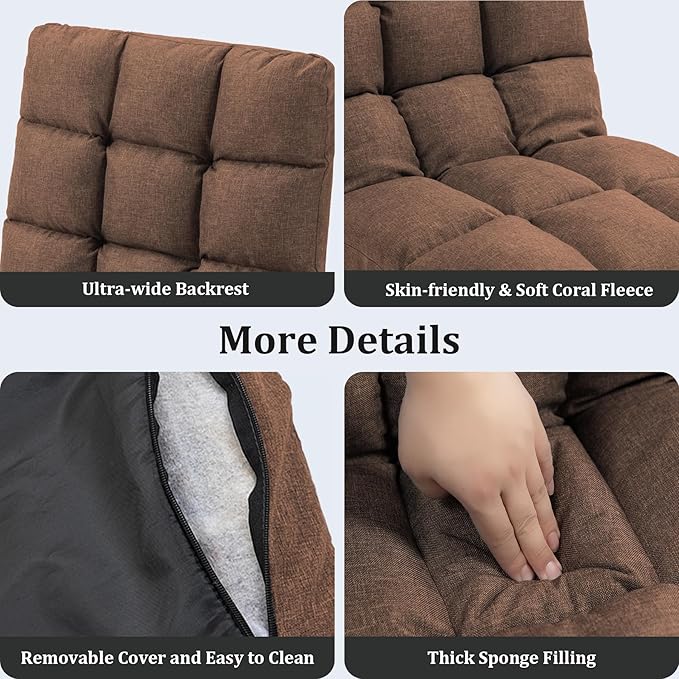 Folding Floor Chair with Back Support, 14 Adjustable Positions, Breathable Padded Sleeper Bed, Couch Recliner, Gaming Sofa Chair for Adults & Kids, Perfect for Meditating, Reading, Living Room (Brown)