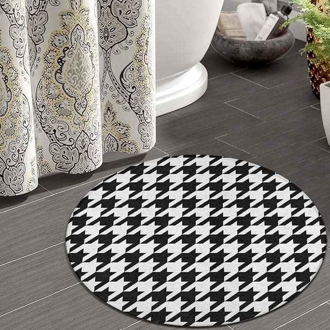 Large Machine Washable Circular Rugs, Home Decor Round Mat for Living Room Sofa Office Compatible with Black and White Houndstooth