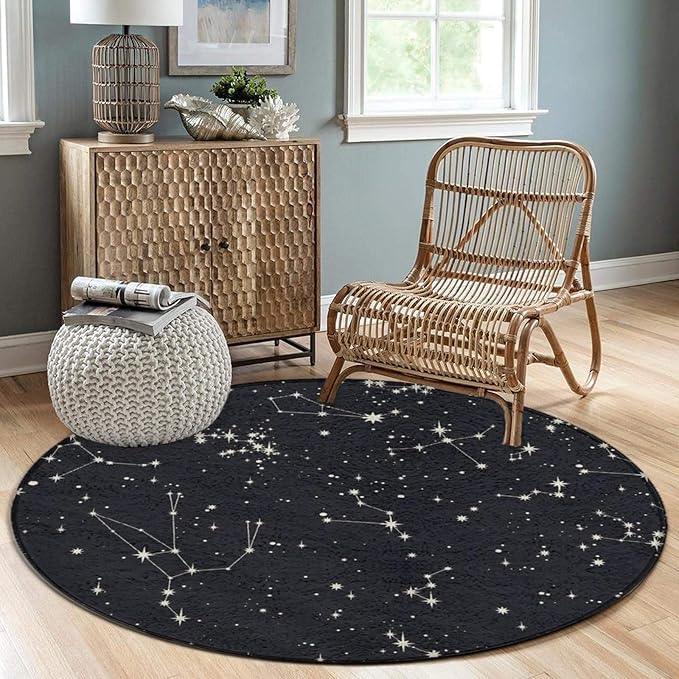 Large Home Decor Mat, Soft Round Yoga Carpet, Non-Slip Machine Washable Kitchen Office Circle Rug Compatible with Zodiac Constellation Galaxy Black Starry Night Stars Glow Dark Midnight