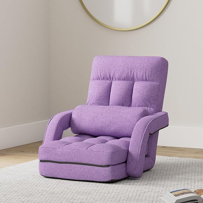 FLOGUOR Floor Chair, Chaise Lounge Indoor, 14-Position Adjustable Folding Lazy Sofa with Armrests and a Pillow Padded Gaming Chairs for Living Room, Bedroom Factory Price (Purple) 8803PU