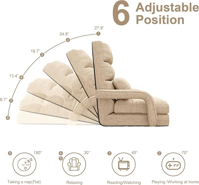 Floor Gaming Chair for Adults, 6-Position Adjustable Chaise Lounge Chair with Meditation Arm, Foldable Lazy Sofa with Pillow, Comfy Chair Indoor for Bedroom Dorm Living Room, Beige