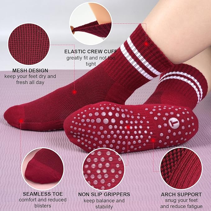 Toes Home Pilates Socks for Women with Non Slip Grippers, Yoga Crew Socks for Barre Hospital Sticky Slipper Socks 4 Pairs