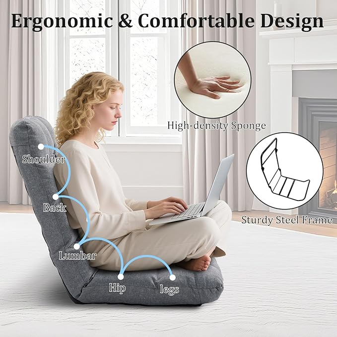 Folding Floor Chair with Back Support, 14 Adjustable Positions, Breathable Padded Sleeper Bed, Couch Recliner, Gaming Sofa Chair for Adults & Kids, Perfect for Meditating, Reading, Living Room (Grey)