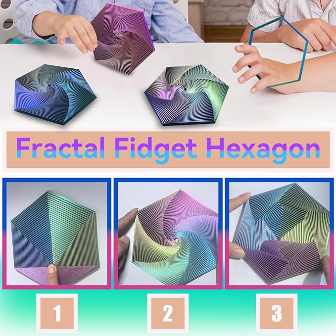 Fractal Fidget Hexagon, Kinetic Desk Spinning Toy, 35 Circles、5.9x6.69in, Used for Anxiety Disorder ADHD, Adult Office Visual Illusion fingertip Toys, 1 pc (Yellow-Blue-Green)