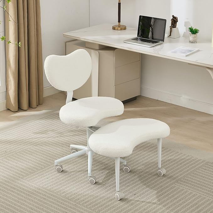 Cross-Legged Meditation Chair with Wheels, Adjustable Desk Chair for Home Office, Ergonomic Floor Seat for ADHD & Yoga, Criss Cross Chair with Lumbar Support, Memory Foam Cushion (Ivory-Teddy Fabric)