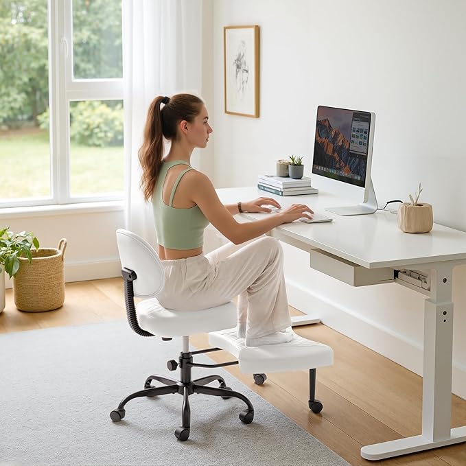 Furmax Ergonomic Criss Cross Legged Office Chair with Wheels, 360°Swivel Adjustable Height Kneeling Desk Chair with Footrest for ADHD, Yoga, Meditation, Home Office (Leather, White)