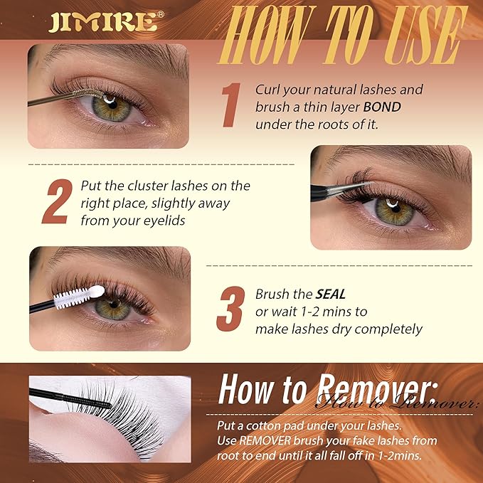 JIMIRE Brown Lash Extension Kit Natural Look Wispy Brown Lash Clusters Individual Lashes with Lash Bond and Seal Wsipy D Curl 10-18MM DIY Eyelash Extension Kit Fluffy Brown Cluster Lashes 180Pcs