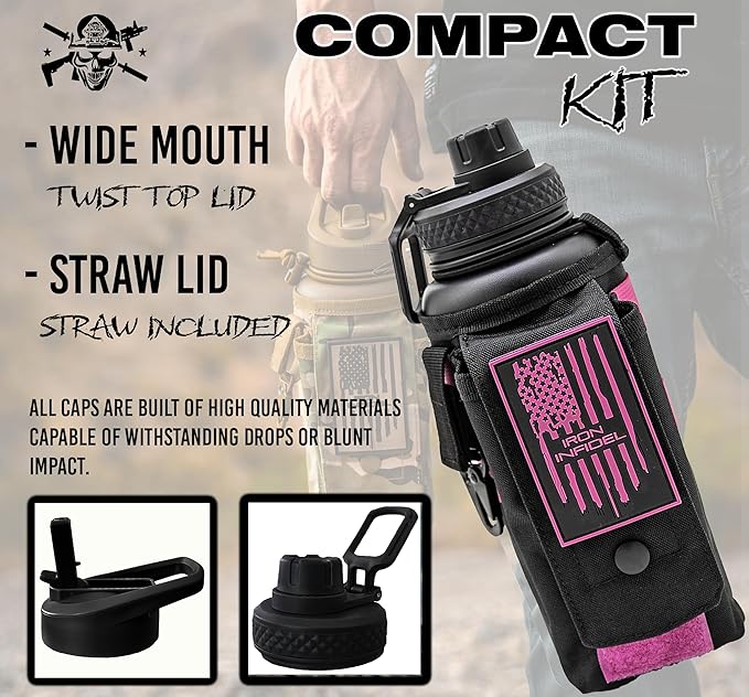 Iron Infidel Battle Bottle - 32 Oz Insulated Water Bottle with Straw Lid & Chug Cap, Stainless Steel Metal Flask Includes Rugged, Removable Sleeve for Keys, Wallet, & Phone (Valkyrie 1 Liter)