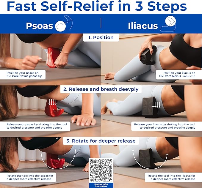 Core Nexus - Rotating Psoas & Iliacus Release Tool | Hip Flexor Mobility | All-in-One Lower Back, Sciatica & Hip Pain Relief | Muscle Recovery | Performance Enhancement | Deep Tissue Massage | Red
