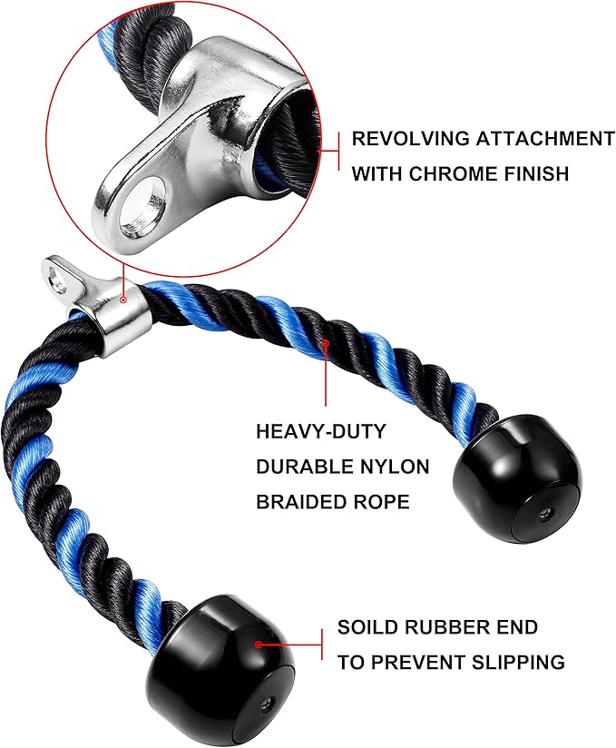 Deluxe Tricep Rope Pull Down Cable, 27 & 36 Inch Rope Length, Easy to Grip & Non-Slip Cable Attachment for Gym Workout Exercise