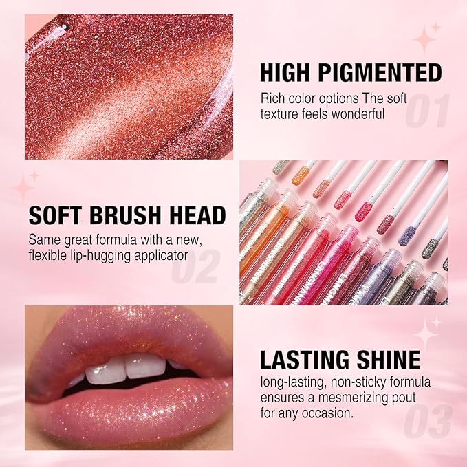 LANGMANNI 6 Colors Diamond Glitter Lip Gloss Set,Long Lasting High Shine Shimmer Liquid Lipstick Set,Hydrating,Moisturizing Lip Gloss Kit Gift Makeup For Girls(#01+02+03+04+05+06)
