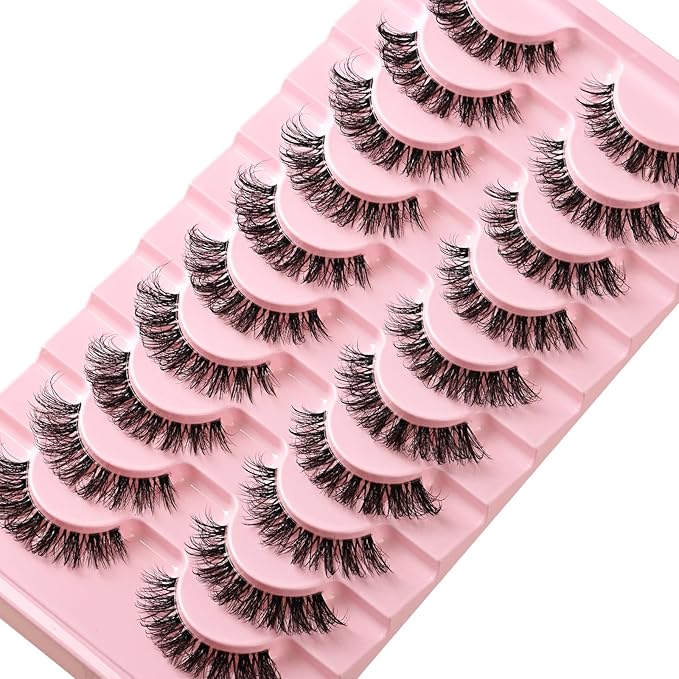 Lashes False Wispy Eyelashes Natural Cat Eye Lash Strips 10 Pairs Fake Mink Eyelash Pack 8-15mm Natural Look Fluffy Strip Lashes Clear Band Easy Eyelashes for Beginners with Cluster Looking