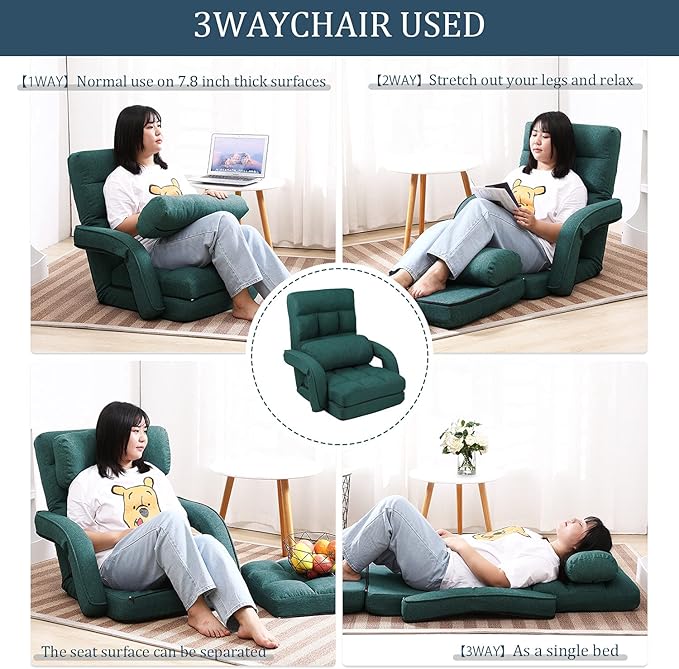 FLOGUOR 14-Position Adjustable Floor Chair, Chaise Lounge Indoor, Folding Lazy Sofa with Armrests and a Pillow Padded Adults Gaming Chairs for Living Room, Bedroom Factory Price (Green) 8803GN