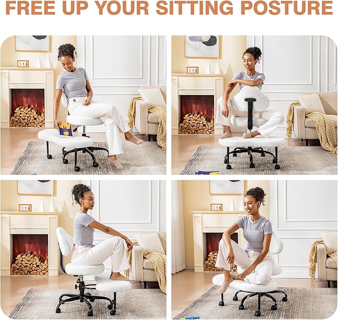 Cross Legged Office Chair, Criss Cross Desk Chair ADHD Meditation Kneeling Yoga Seat with Adjustable Height, Lumbar Support, Wider Footrest and Wheels (Pearl White)