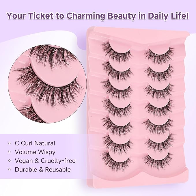 False Eyelashes 16MM Lashes Natural Wispy Eyelashes Thin Band Fluffy Lashes Pack +3D Volume False Lashes Soft Strip Lashes C Curl Natural Eyelashes Fake Lashes 7 Pair EVENTILL