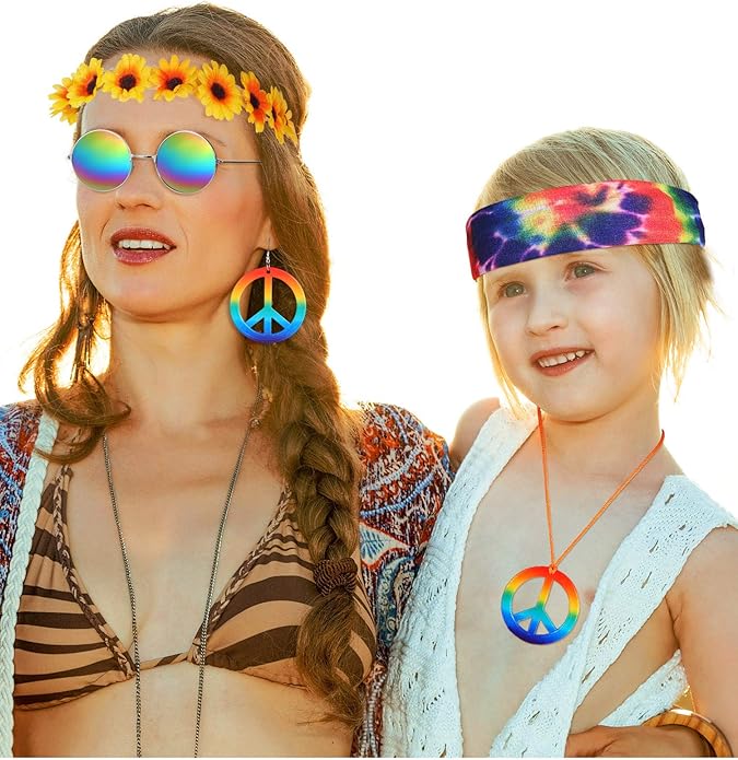 Frienda Hippie Costume Set, Hippie Sunglasses, Peace Sign Necklace and Tie Dye Headband for 60s 70s Accessories