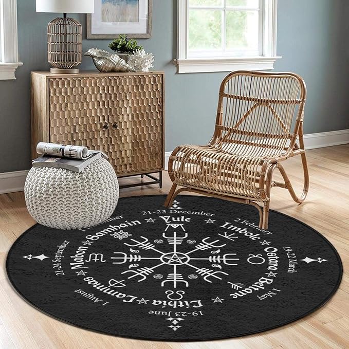 Large Home Decor Mat, Soft Round Yoga Carpet, Non-Slip Machine Washable Home Office Circle Rug Compatible with Norse Viking Vegvisir Compass Goth Pentagram