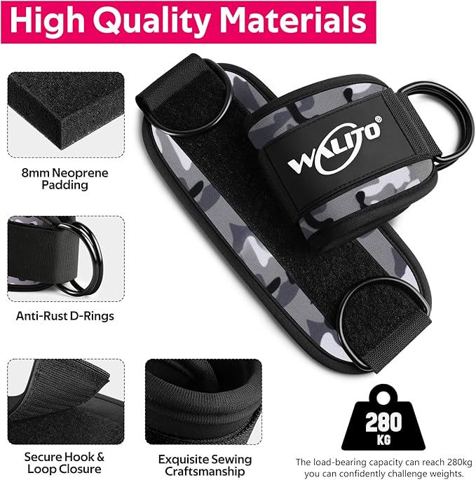 WALITO Gym Ankle Straps for Working Out - Glute Ankle Cuff Kickback Strap, Gym Cable Machine Accessories for Women Glute Leg Extensions, Hip Abductors & Lower Body Exercises Equipment