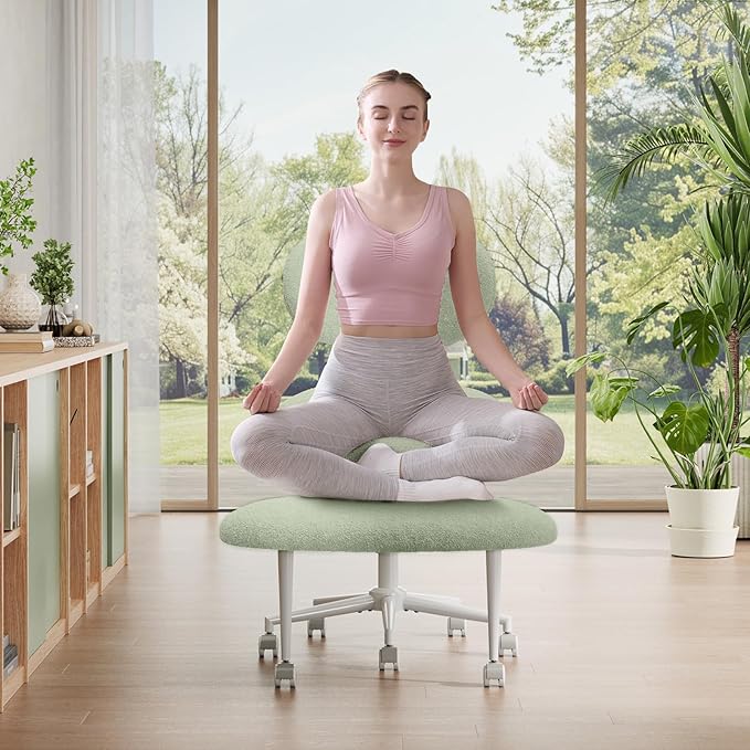 Ergonomic Cross Legged Office Chair with Wheels, ADHD Chair for Adults, Meditation Chair, Yoga Office Chair, Comfortable Back Support, Height Adjustable,Small Spaces, Teddy Fabric, Green