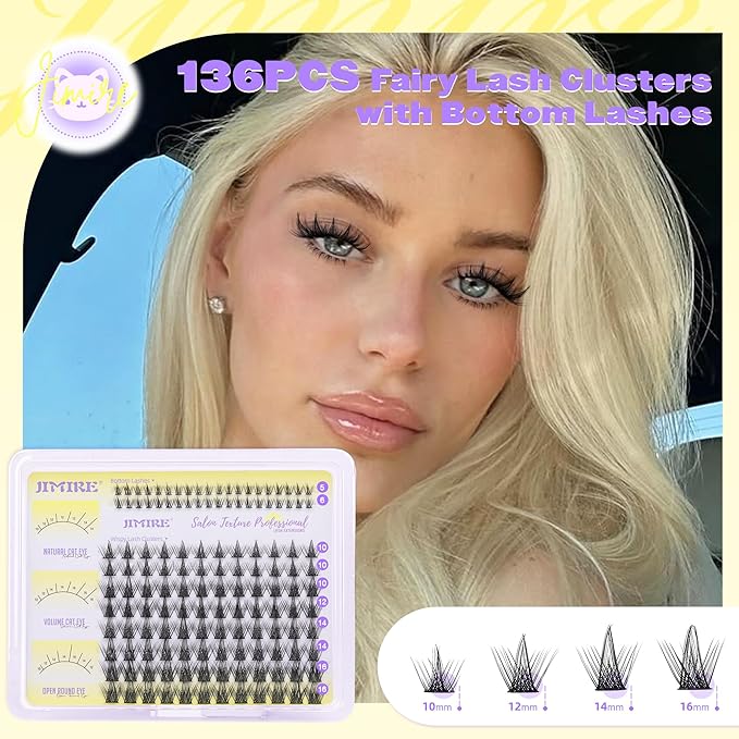 JIMIRE Lash Clusters Wispy Eyelash Clusters 10-16MM CC Curly Manga Cluster Eyelash Extensions with Bottom Lashes Anime Lash Extensions for Beginners 136Pcs Individual Lashes DIY at Home