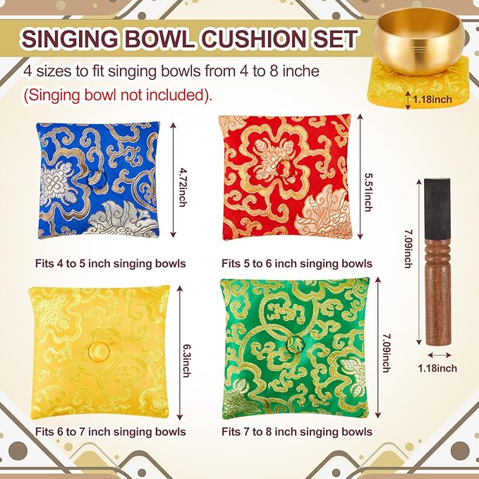 5 Pcs Singing Bowl Cushion Set 4 Tibetan Satin Singing Bowl Cushion with Wood Mallet for 4-8 Inch Tibetan Sound Bowls Meditation Accessories(Sound Bowls Not Included)