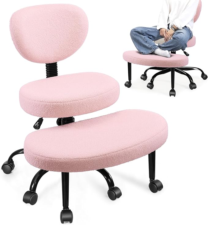 Ergonomic Cross Legged Office Chair with Wheels - Adjustable Height for Meditation, ADHD Desk & Yoga - Wide Criss Cross Design with Lumbar Support, Kneeling Chair - Pink