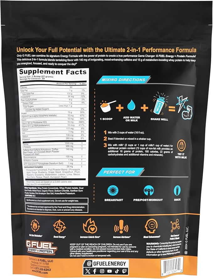 G Fuel Protein + Energy Drink Powder, Pre Workout Caffeine Mix for Gaming, Sugar Free Focus Amino, Vitamin + Antioxidants, 19oz (Cafe Mocha, 20 Servings)
