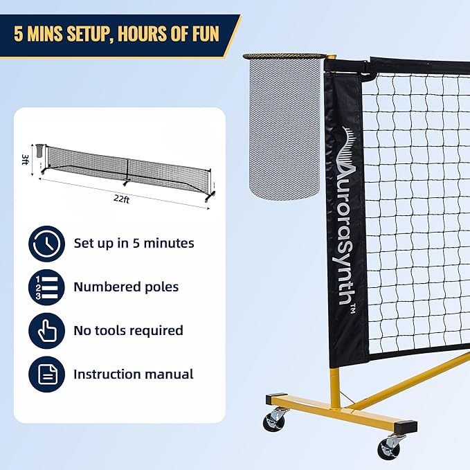 AuroraSynth Portable Pickleball Net Set with Wheels, 22 x 3ft Regulation Size Pickle Ball Net with Ball Collector, 4 Pickle Balls, 4 Pickleball Paddles, Carry Bag for Backyards, Driveway, Garage