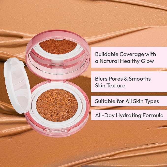Ruby Kisses Cushion Foundation, Full Coverage Korean Makeup, Lightweight & Long Lasting, All Day Natural Glowy Finish for All Skin Types with Hyaluronic Acid & Bakuchiol (Golden, 0.52 Ounce)