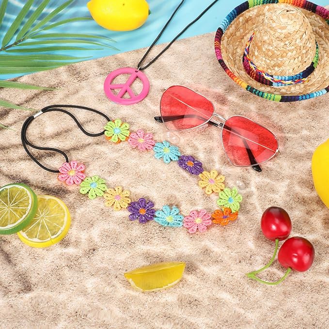 WILLBOND 60s 70s Accessories for Women Hippie Costume Accessories Peace Sign Necklace Headband Hair Wreath Sunglasses