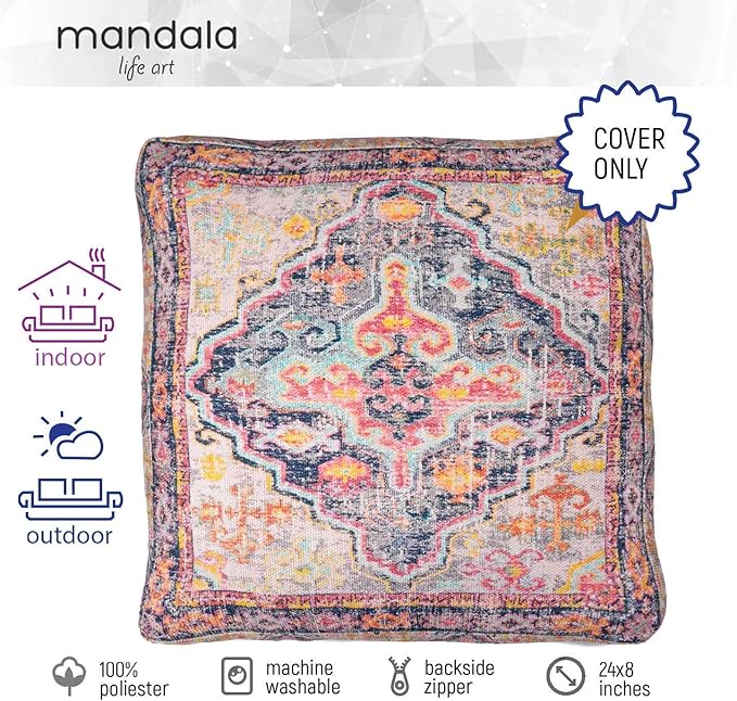 Mandala Life ART Bohemian Outdoor Floor Cushion Cover - Unstaffed 24x8 inches - Vintage Square Pouf Otttoman - Pillow Case for Garden Party, Pool, Balcony, Patio