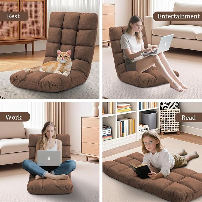 Folding Floor Chair with Back Support, 14 Adjustable Positions, Breathable Padded Sleeper Bed, Couch Recliner, Gaming Sofa Chair for Adults & Kids, Perfect for Meditating, Reading, Living Room (Brown)