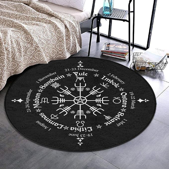 Large Home Decor Mat, Soft Round Yoga Carpet, Non-Slip Machine Washable Home Office Circle Rug Compatible with Norse Viking Vegvisir Compass Goth Pentagram