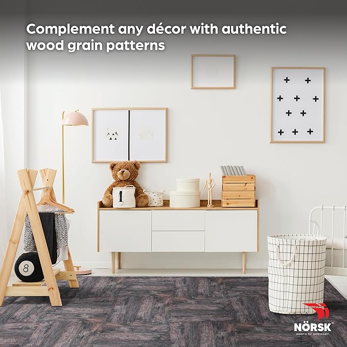 Décor by NÖRSK Reversible Interlocking Faux Wood Foam Floor Tiles, 24 X 24 X .47", 4-Pack, 16 Square Feet, Dark Walnut/Black