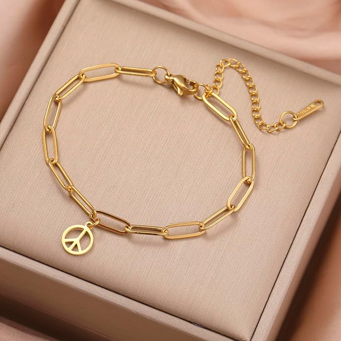VASSAGO Peace Sign Bracelet Anklet for Women Men Love Peace Sign Symbol Stainless Steel Dainty Paperclip Chain Bracelets 1960s 1970s Hippie Party Dressing Accessories Jewelry