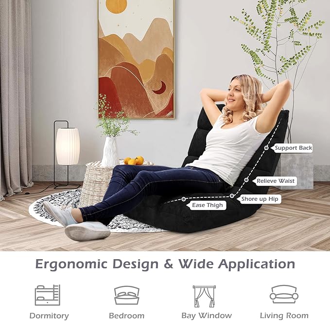 GORELAX Floor Chair with Back Support, 14-Position Adjustable Folding Gaming Chair Recliner, Meditation Chair with Steel Frame, Padded Lazy Sofa Chair for Adults, Kids (Black)
