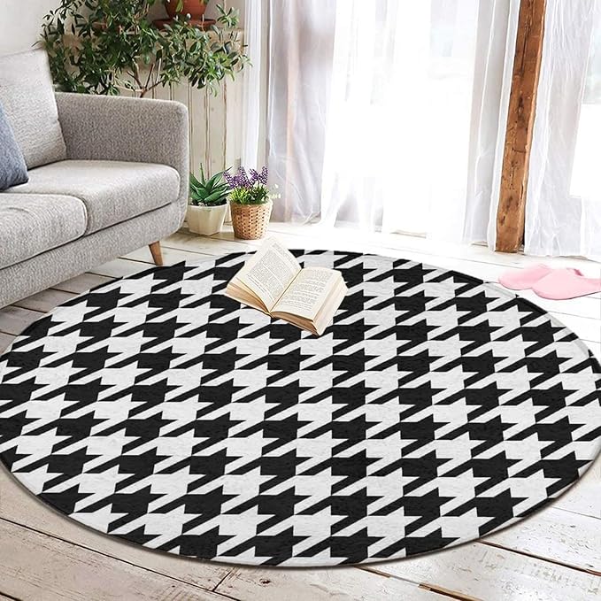 Large Machine Washable Circular Rugs, Home Decor Round Mat for Living Room Sofa Office Compatible with Black and White Houndstooth