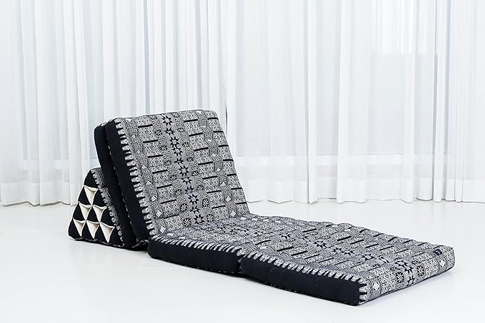 Leewadee Comfortable Japanese Floor Mattress - Thai Floor Bed with Triangle Cushion - Futon Mattress - XL Extra Long Thai Massage Mat, 89 x 20 inches, Black, Kapok Filling