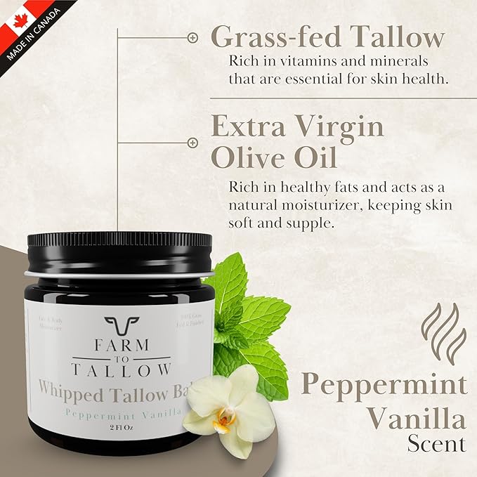 FARM TO TALLOW 100% Grass-Fed Beef Tallow for Skin, Face & Body – Peppermint Vanilla Moisturizer Made with Olive Oil – Gentle & Hydrating Natural Skincare Cream for Dry, Sensitive Skin – 2 Oz